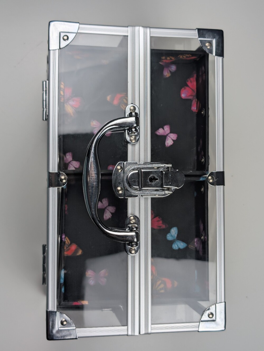 Caboodles Clear Butterfly Makeup Train Case Aluminum Frame Storage Box